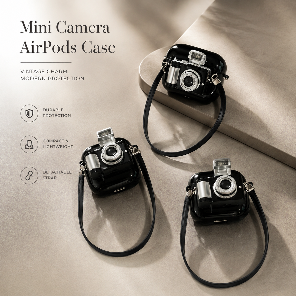 Premium Camera AirPods Case Soft Silicone Protective Cover Cute Wireless Charging Carry Strap Shockproof Earbuds Case Compatible with AirPods