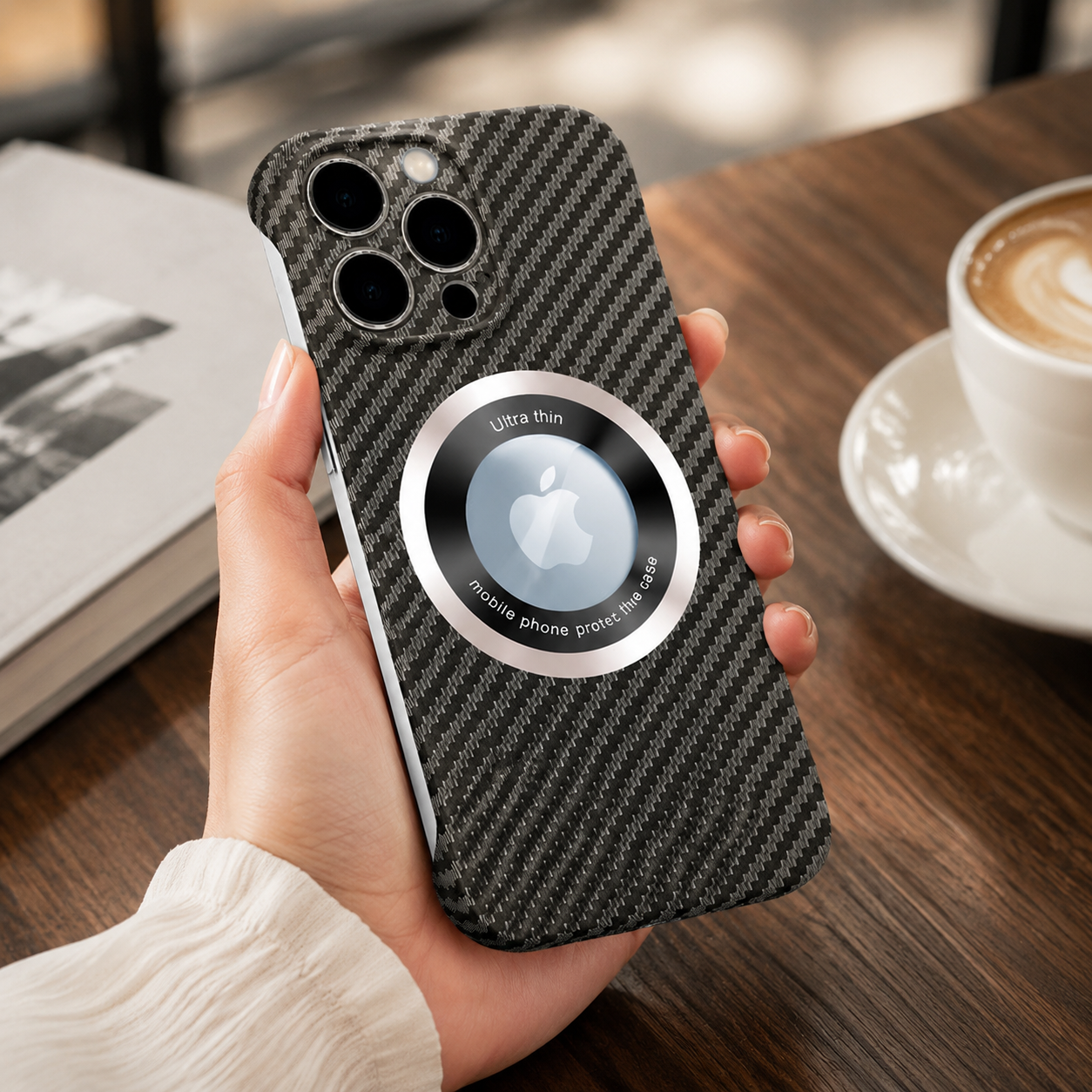 Premium iPhone Case Carbon Fiber MagSafe Cover Frameless Matte PC Slim Protective Case Logo Hollow Magnetic Ring Wireless Charging Compatible