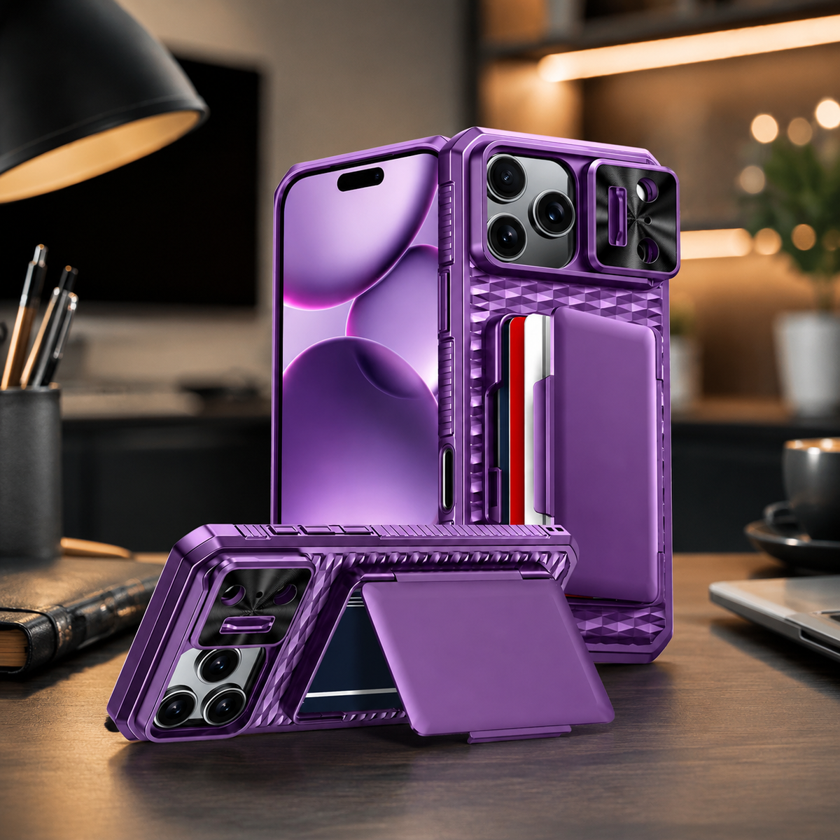 Premium iPhone Case Wallet Card Holder Sliding Camera Cover Foldable Stand Shockproof PC TPU Protective Full Coverage Design