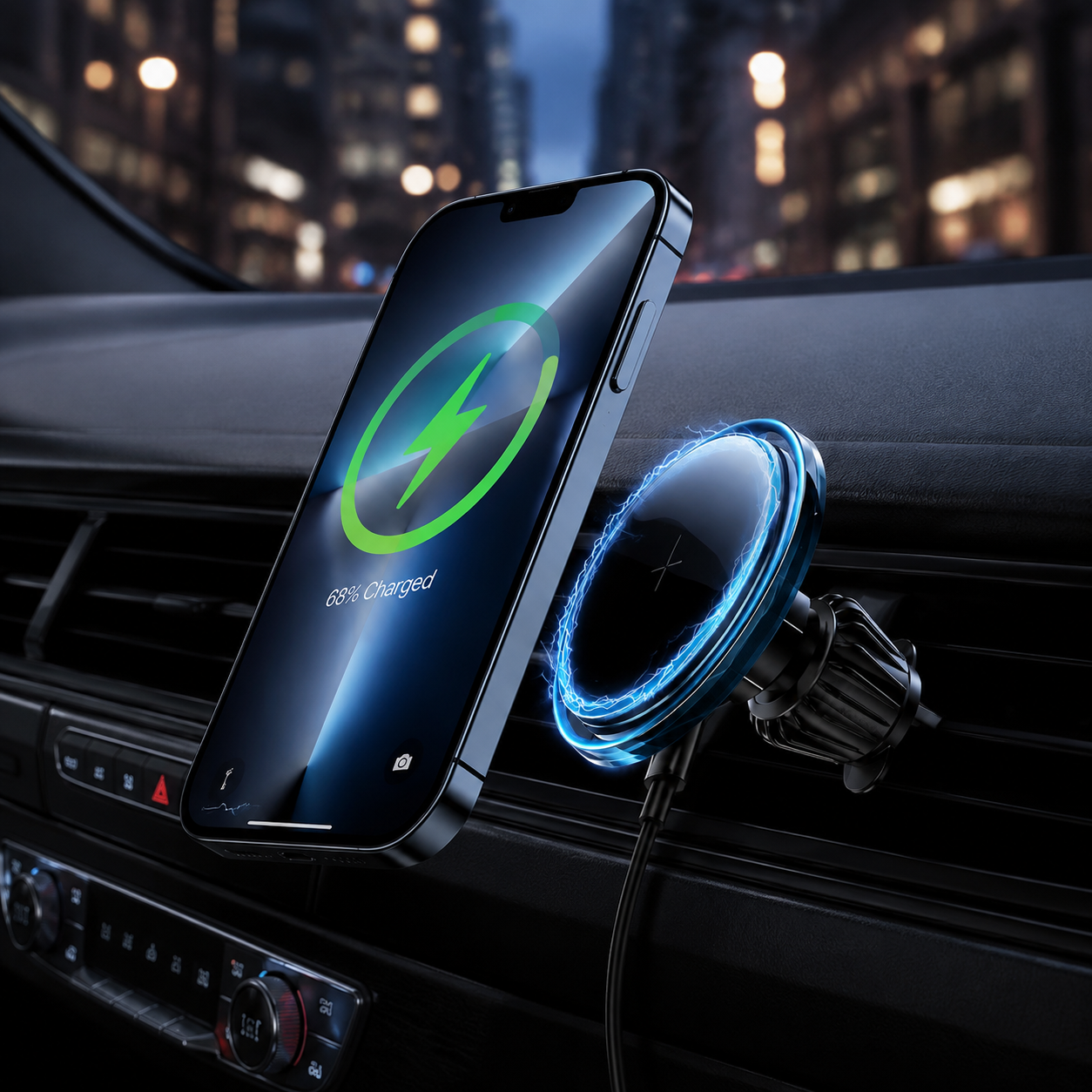 Premium Magnetic Wireless Car Phone Holder Fast Wireless Charging Car Mount 360° Rotating Dashboard Air Vent Mount MagSafe Compatible Compatible with iPhone