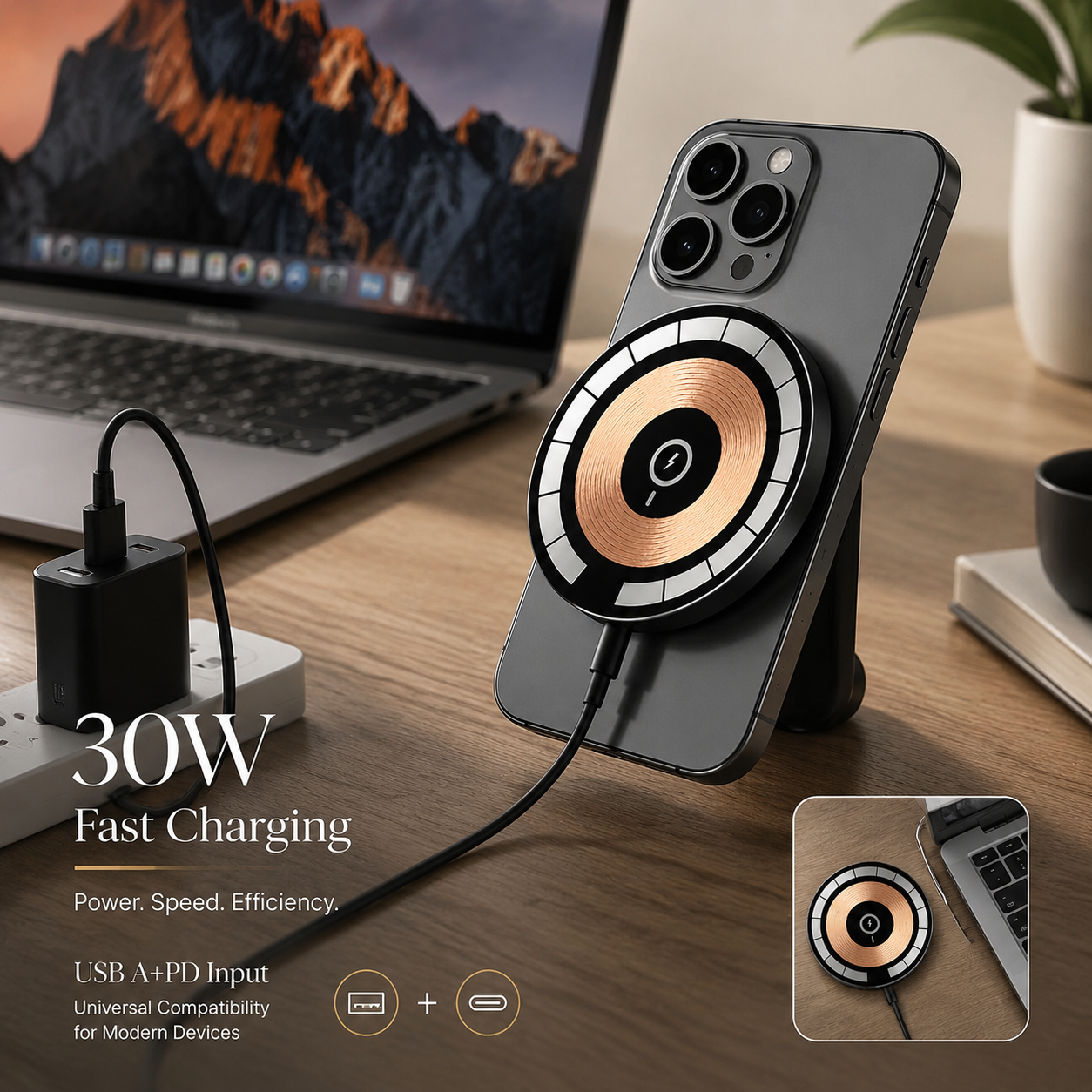 Premium 30W Magnetic Wireless Charger Pad Fast Wireless Charging MagSafe Charging Stand USB-C PD USB-A Non-Slip Compatible with iPhone