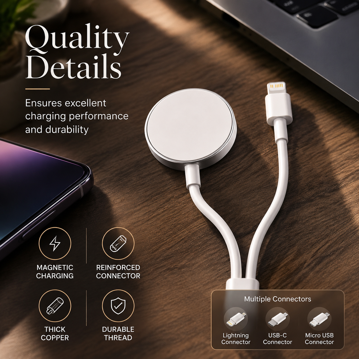 Premium 2-in-1 Magnetic Wireless Charger Cable USB-A Fast Charging Cord Smart Chip Protection Strong Magnetic Charging Compatible with iPhone