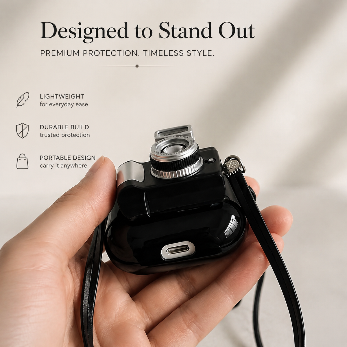 Premium Camera AirPods Case Soft Silicone Protective Cover Cute Wireless Charging Carry Strap Shockproof Earbuds Case Compatible with AirPods