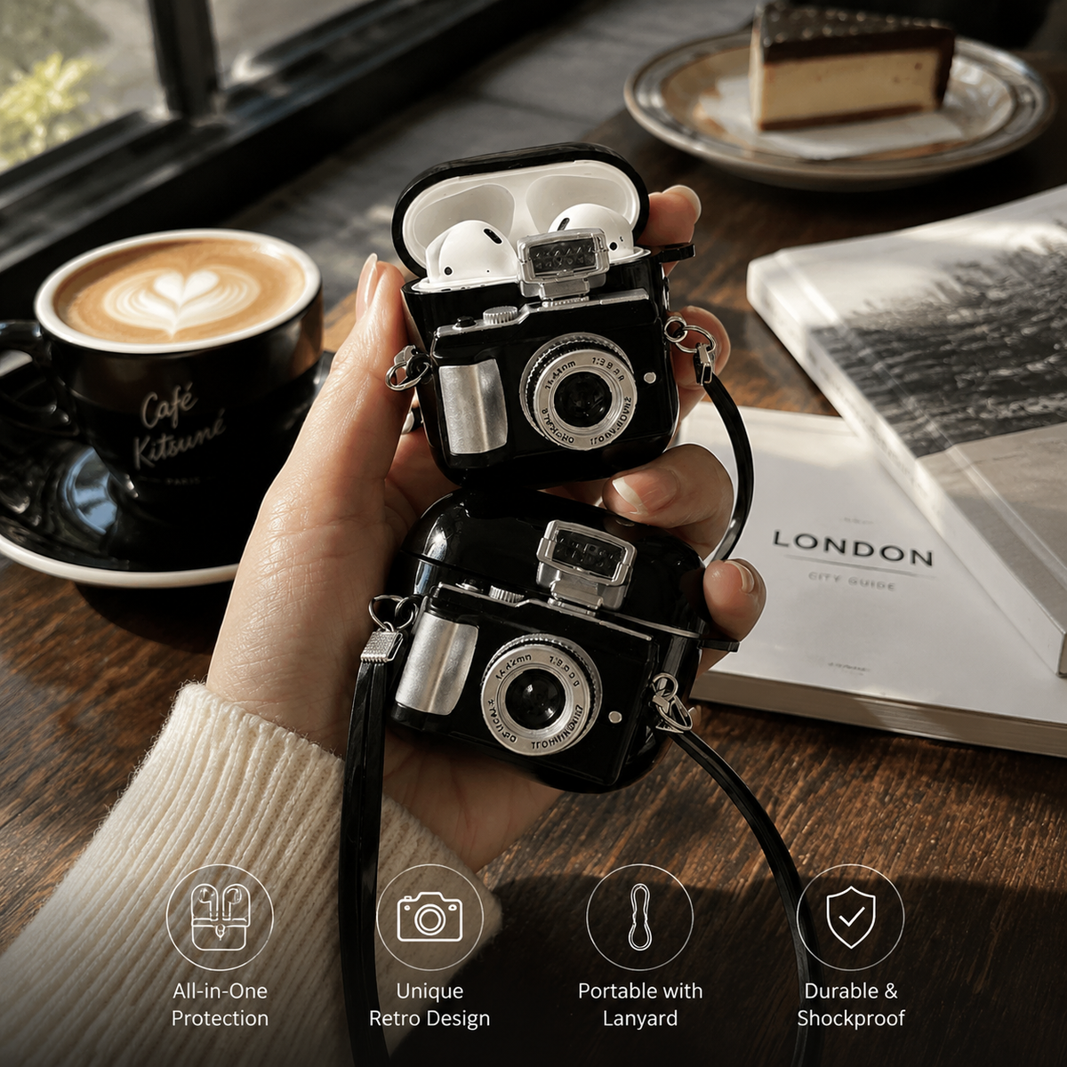 Premium Camera AirPods Case Soft Silicone Protective Cover Cute Wireless Charging Carry Strap Shockproof Earbuds Case Compatible with AirPods