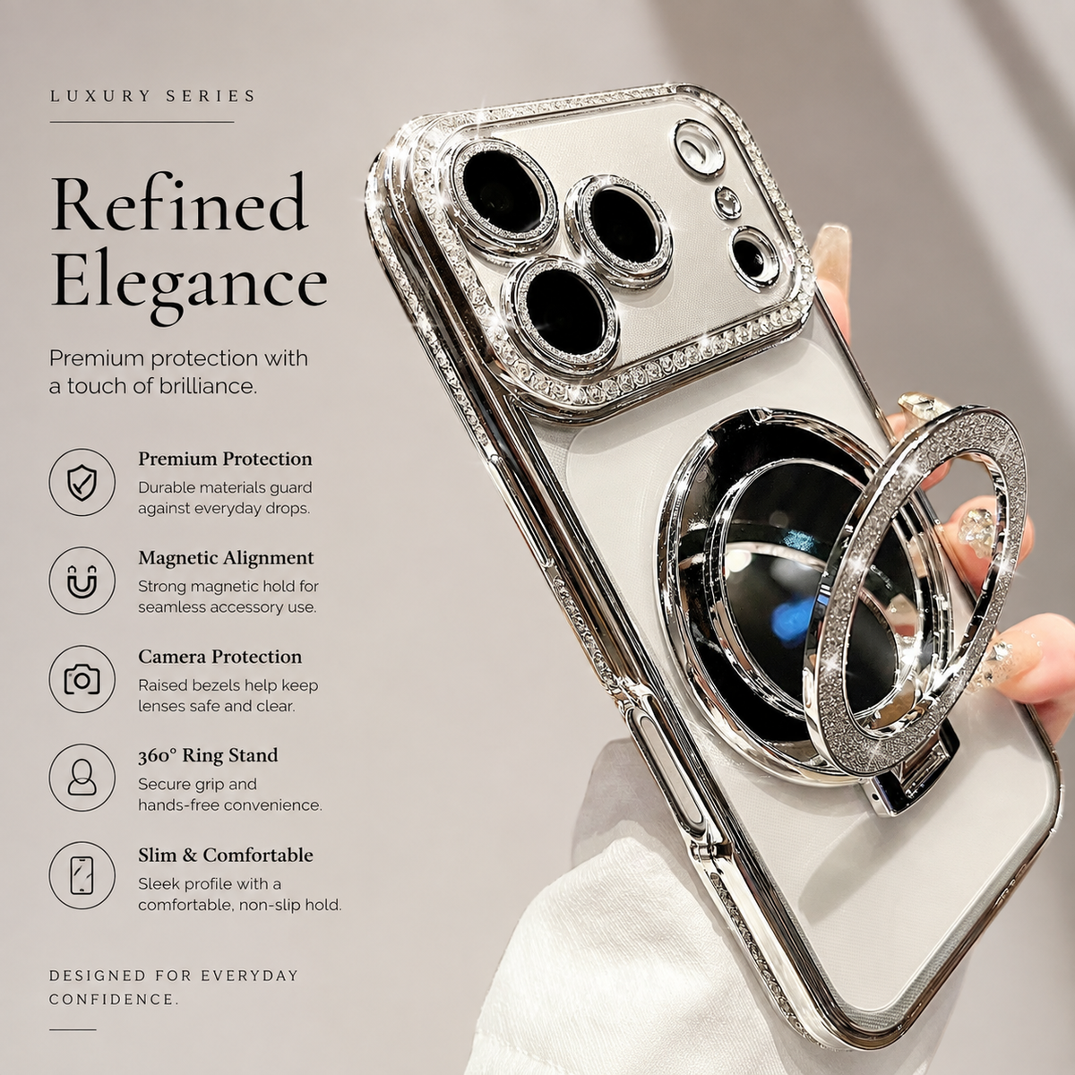 Luxury iPhone Case MagSafe Compatible Protective Cover Camera Lens Protection Shockproof Anti Scratch Transparent Diamond Mirror Glitter Anti Fingerprint Slim Full Coverage