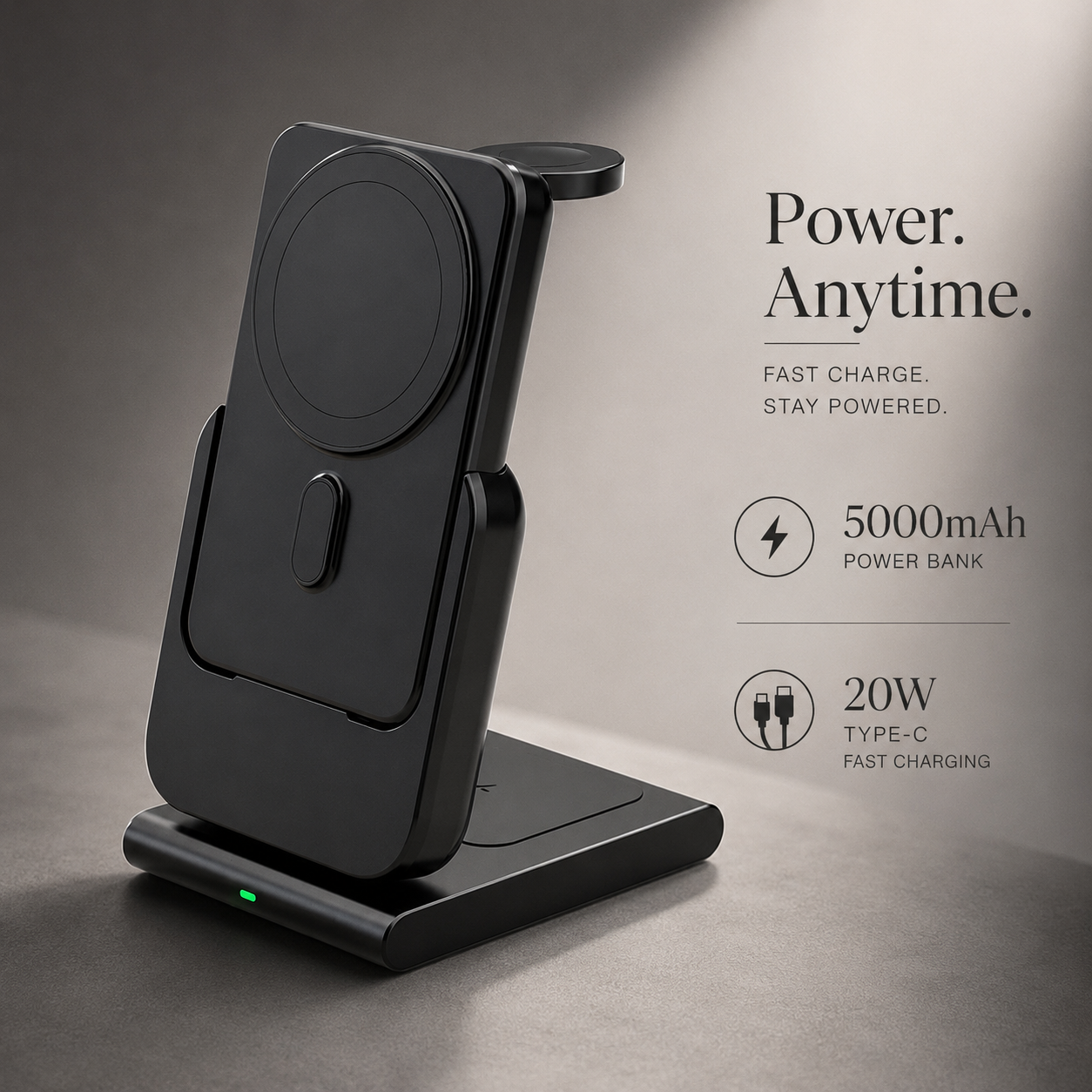 Premium 3-in-1 Magnetic Wireless Charging Station Fast Wireless Charger Portable Power Bank Foldable Charging Dock USB Type C Compatible with iPhone