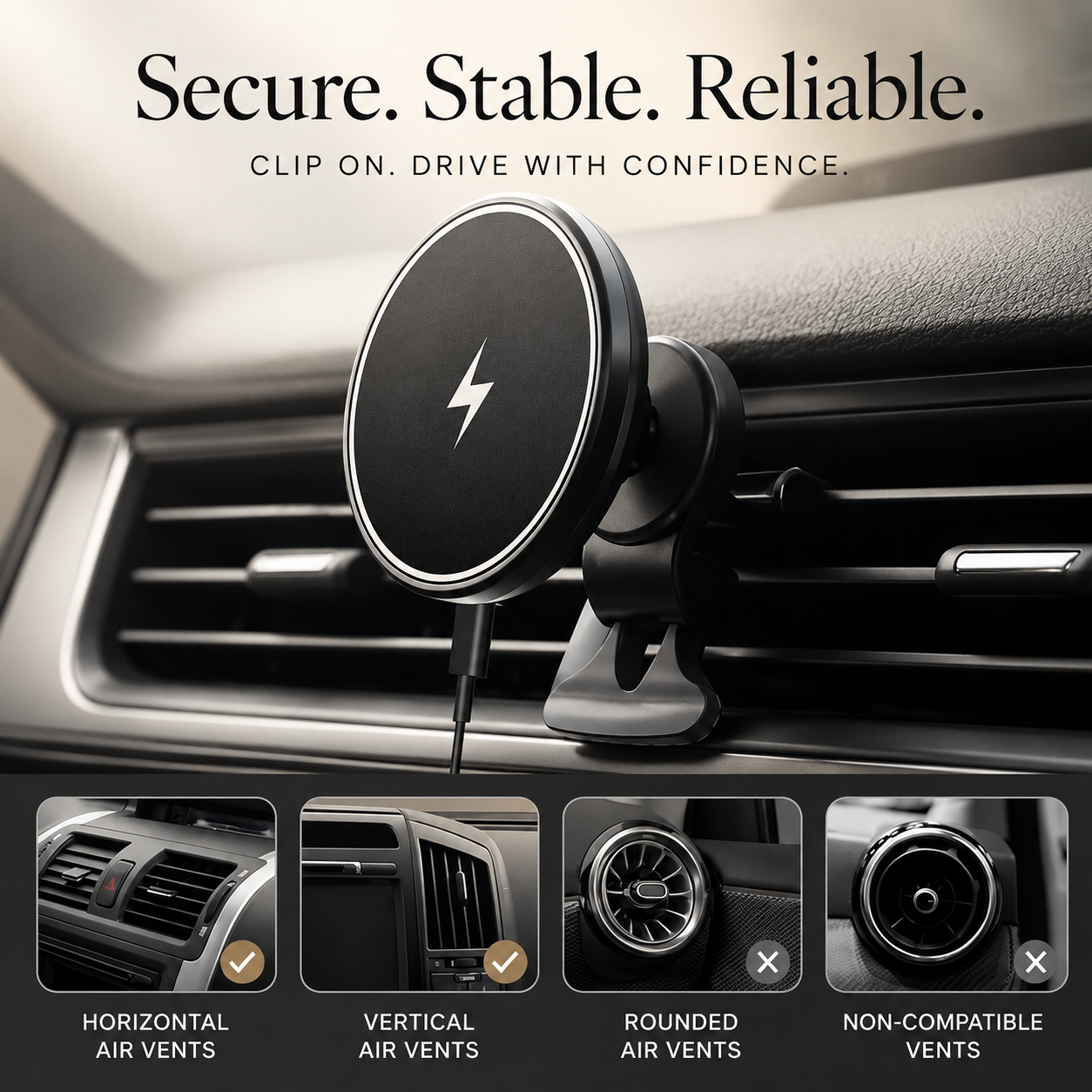 Premium 30W Magnetic Wireless Car Charger Fast Charging Phone Holder Dashboard Air Vent Mount 360° Rotation Smart Chip Anti-Slip Compatible with iPhone