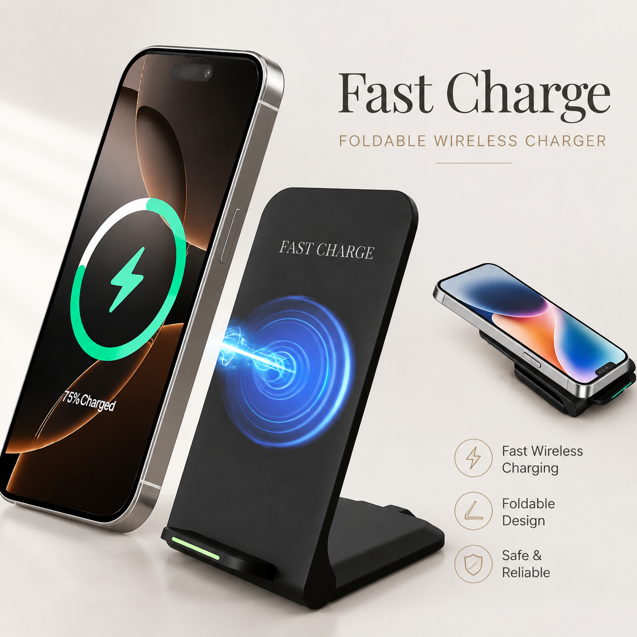 Premium 30W Wireless Charger Stand Fast Charging Foldable Phone Charging Stand USB C Vertical Horizontal Viewing Compatible with iPhone Travel Design