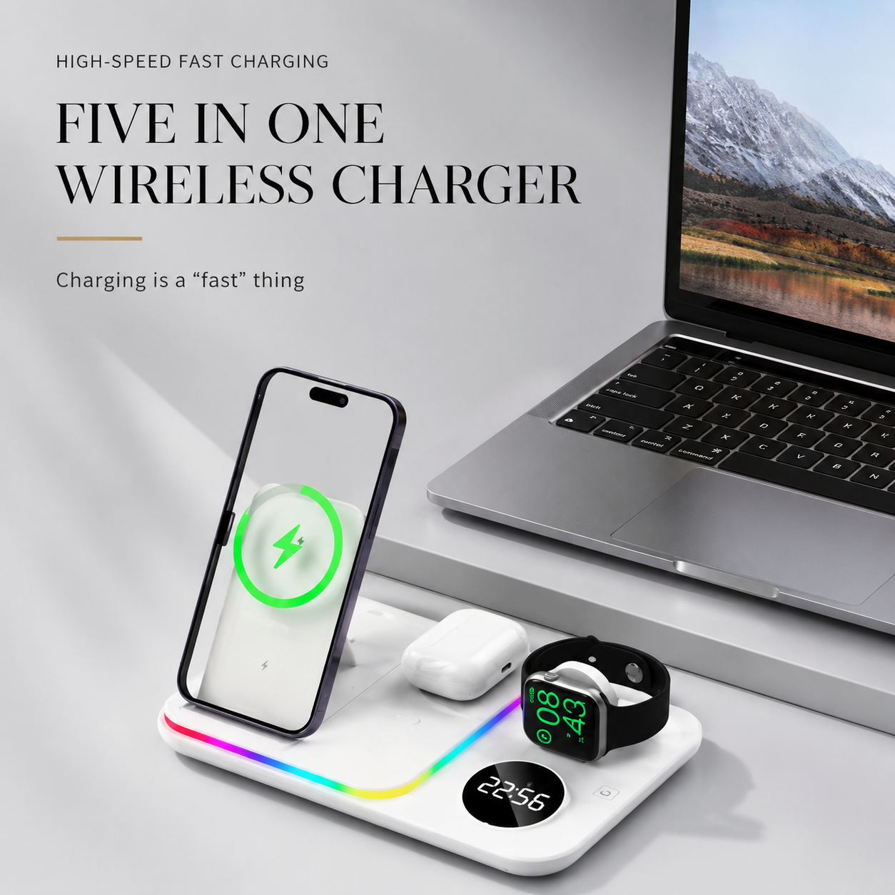 Premium 5 in 1 Wireless Charging Station 30W Fast Qi Charger Foldable Charging Dock RGB LED Alarm Clock USB Type C Multi Device Compatible with iPhone