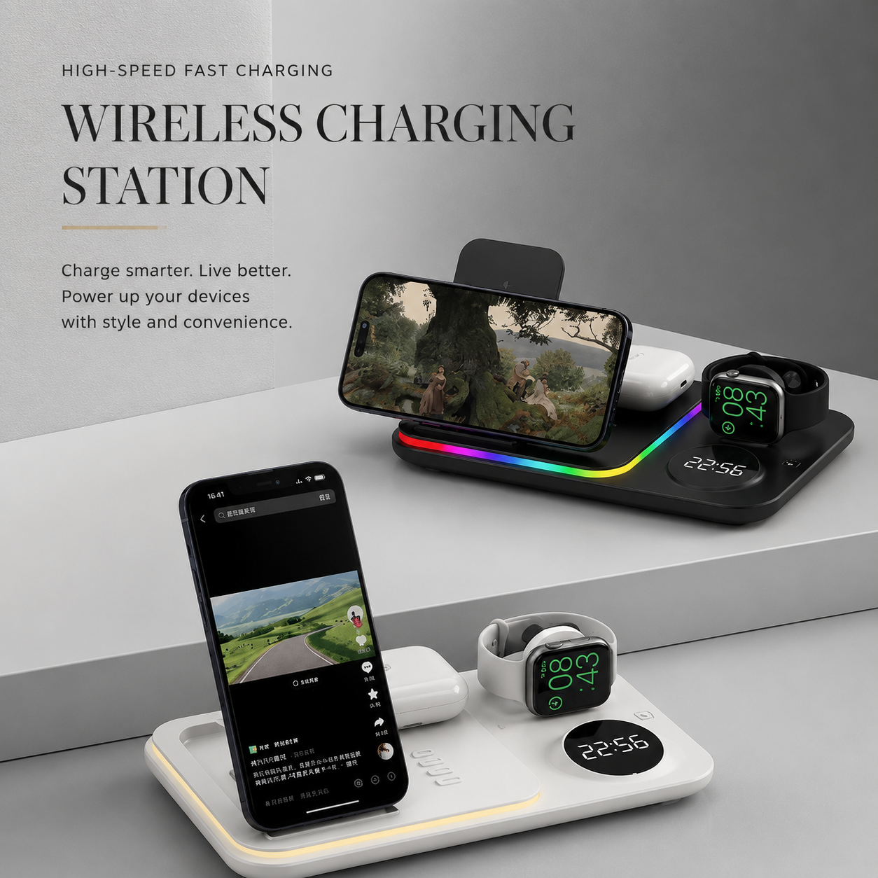 Premium 5 in 1 Wireless Charging Station 30W Fast Qi Charger Foldable Charging Dock RGB LED Alarm Clock USB Type C Multi Device Compatible with iPhone