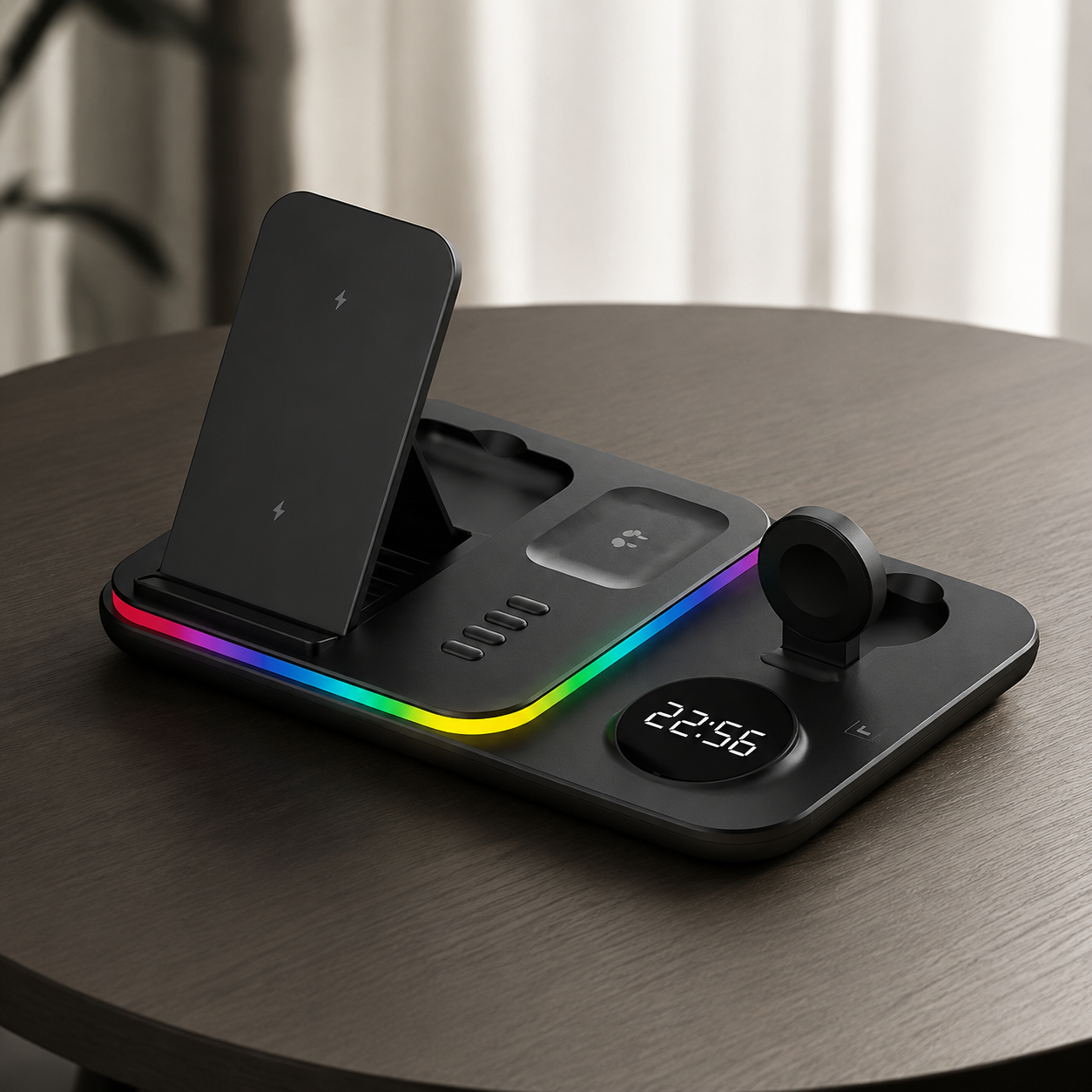 Premium 5 in 1 Wireless Charging Station 30W Fast Qi Charger Foldable Charging Dock RGB LED Alarm Clock USB Type C Multi Device Compatible with iPhone