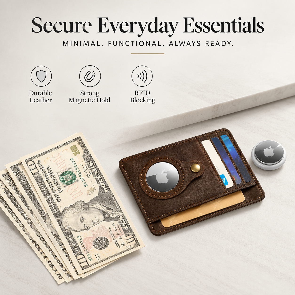 Premium AirTag Wallet Leather Card Holder RFID Blocking Anti Lost Slim Wallet Scratch Resistant Cash Coin Holder Compatible with iPhone