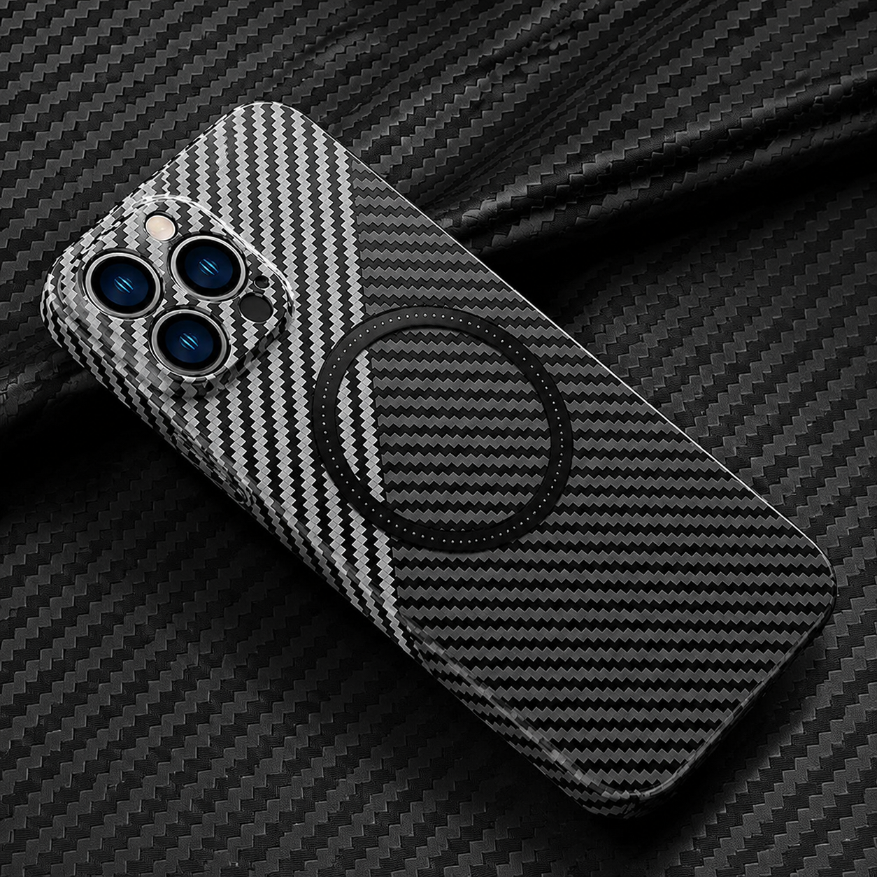 Premium Carbon Fiber MagSafe iPhone Case Magnetic Slim Protective Cover Shockproof Matte Textured Design Wireless Charging Compatible Durable Case