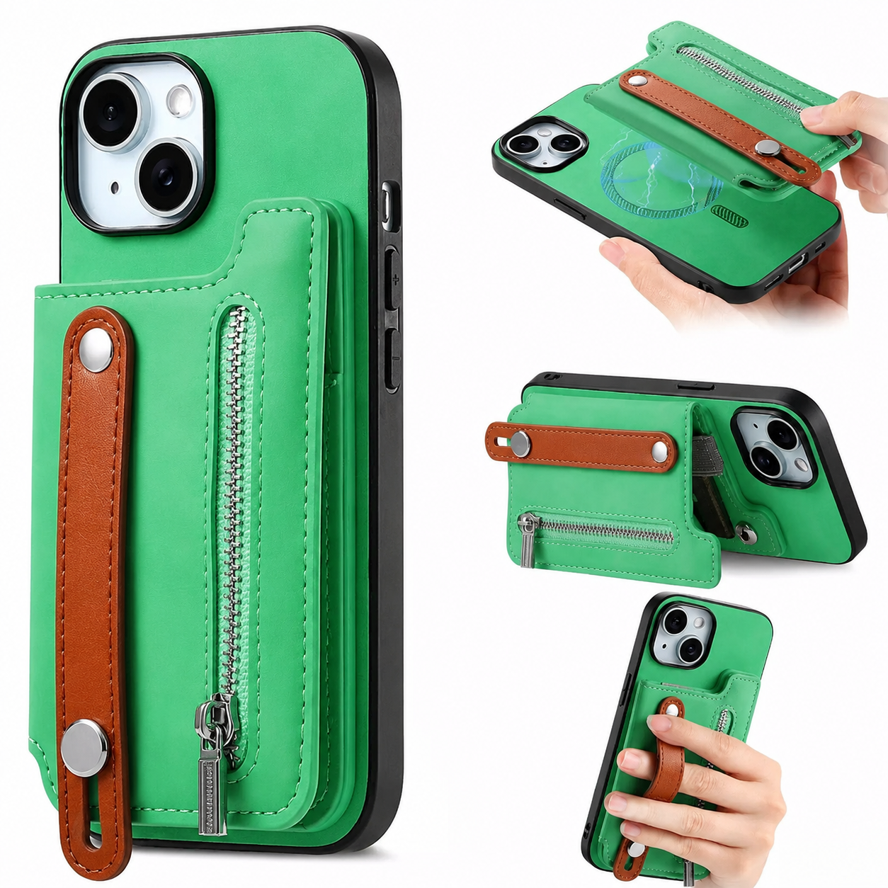 Premium Detachable Zipper Wallet iPhone Case Magnetic Flip Cover Card Holder Wrist Strap Shockproof Protective Case Full Coverage Design