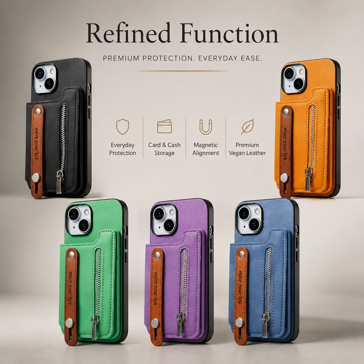 Premium Detachable Zipper Wallet iPhone Case Magnetic Flip Cover Card Holder Wrist Strap Shockproof Protective Case Full Coverage Design
