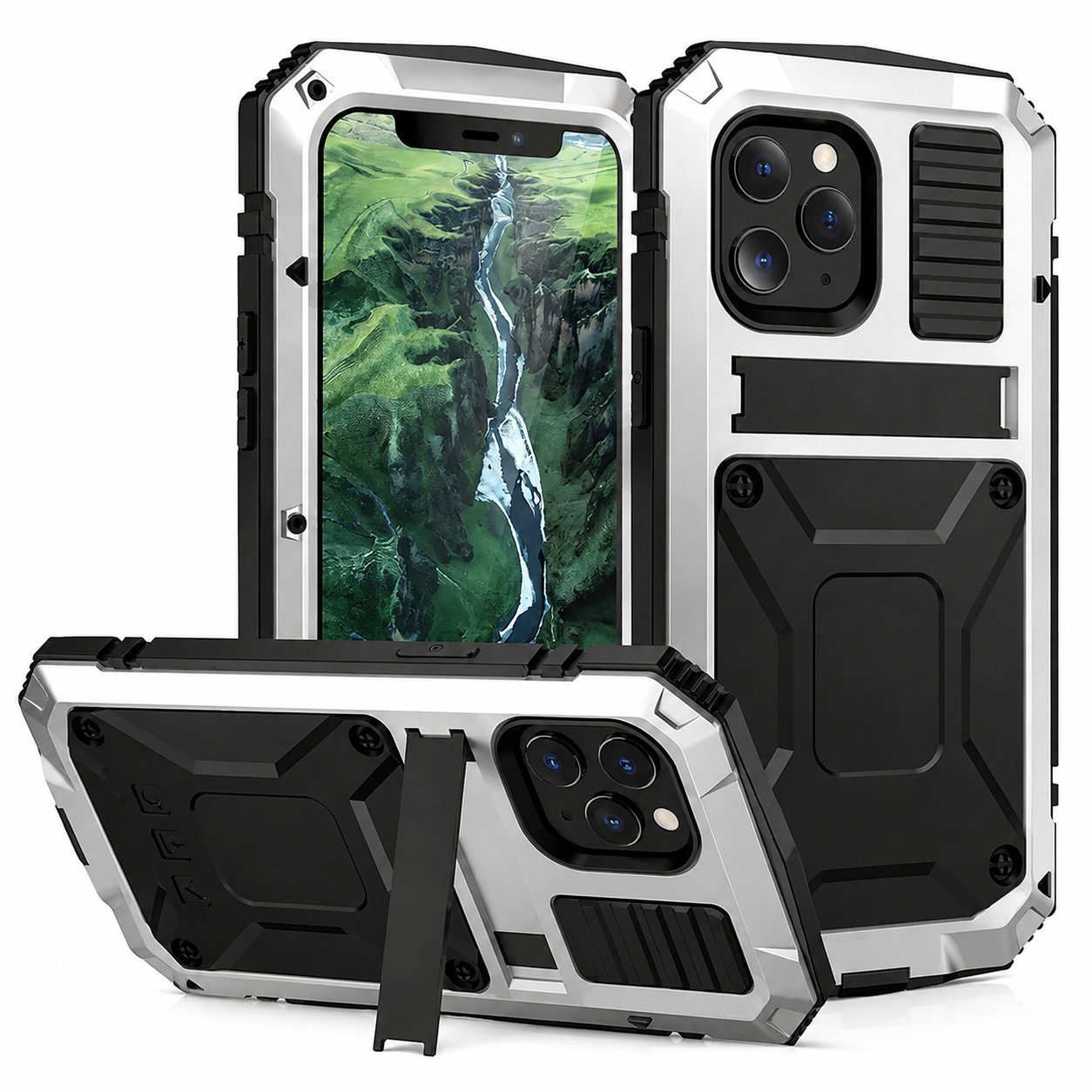 Premium Durable iPhone Case Heavy Duty Aluminum Metal Armor Cover Tempered Glass Screen IP54 Water Resistant Shockproof Full Body Protective Design