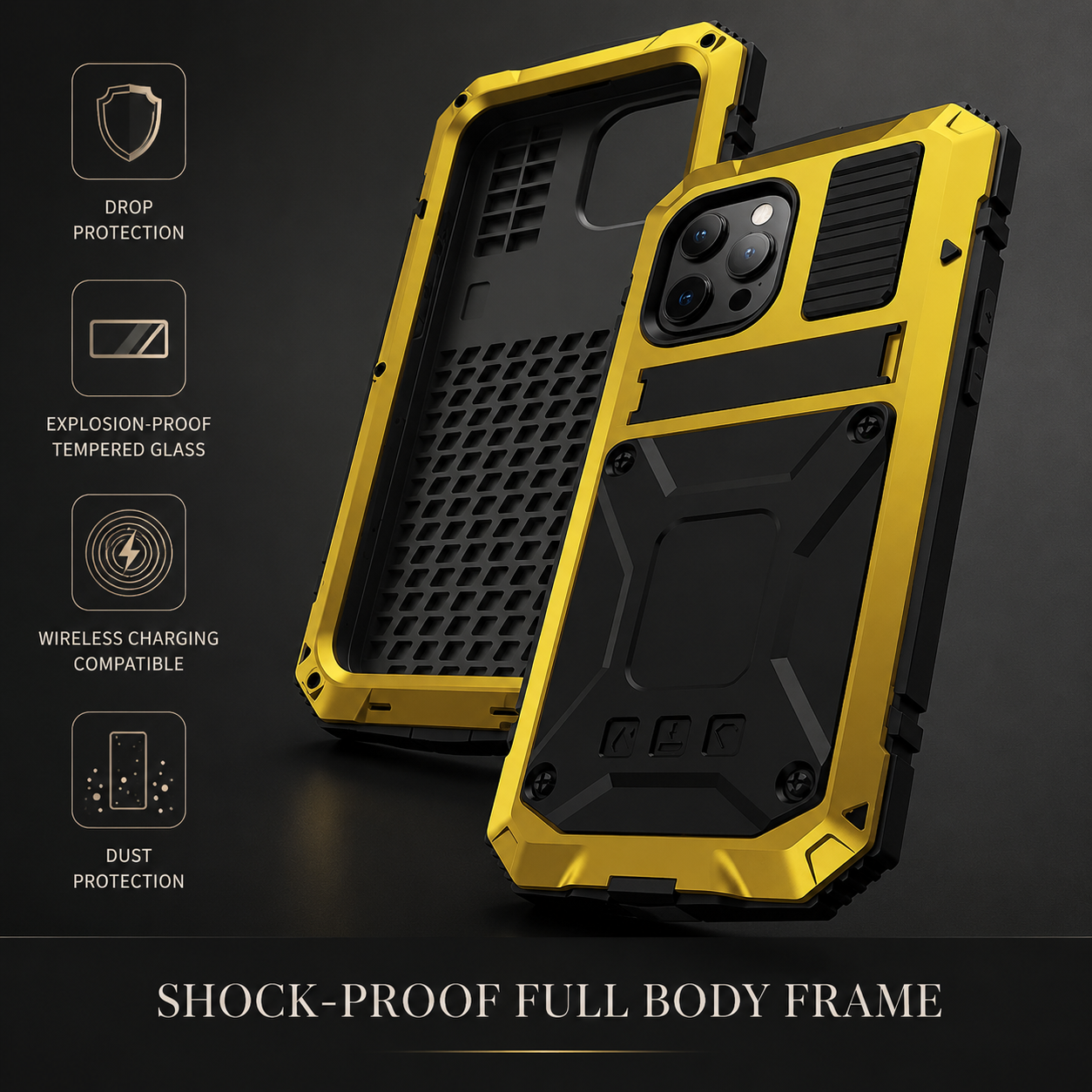 Premium Durable iPhone Case Heavy Duty Aluminum Metal Armor Cover Tempered Glass Screen IP54 Water Resistant Shockproof Full Body Protective Design