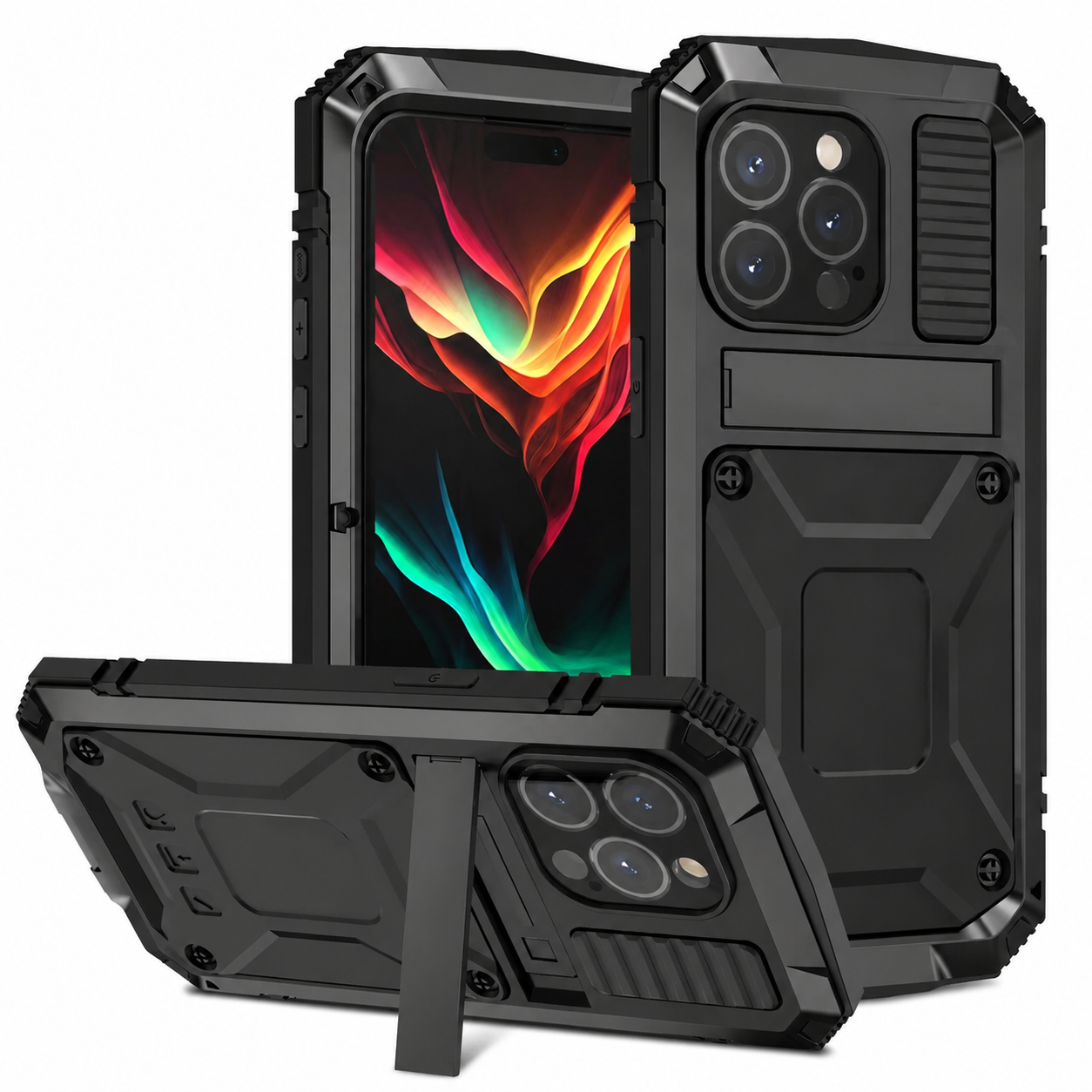 Premium Durable iPhone Case Heavy Duty Aluminum Metal Armor Cover Tempered Glass Screen IP54 Water Resistant Shockproof Full Body Protective Design