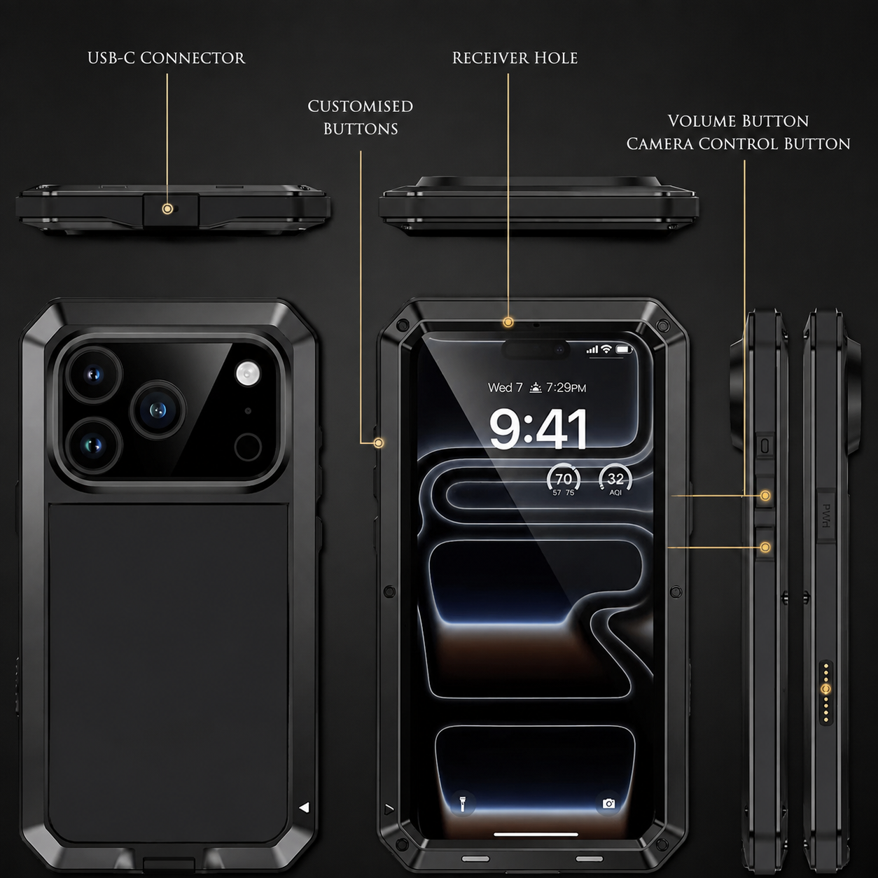 Premium Durable iPhone Case Heavy Duty Metal Cover with Built In Glass Screen Protector Shockproof PC TPU Rugged Anti Scratch Protective Design