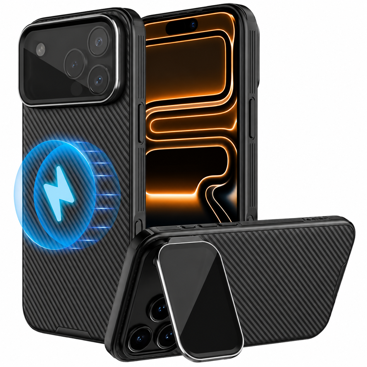 Premium Durable iPhone Case MagSafe Compatible CamShield Cover Foldable Lens Stand Shockproof Textured PC Half Wrapped Non Slip Protective Design