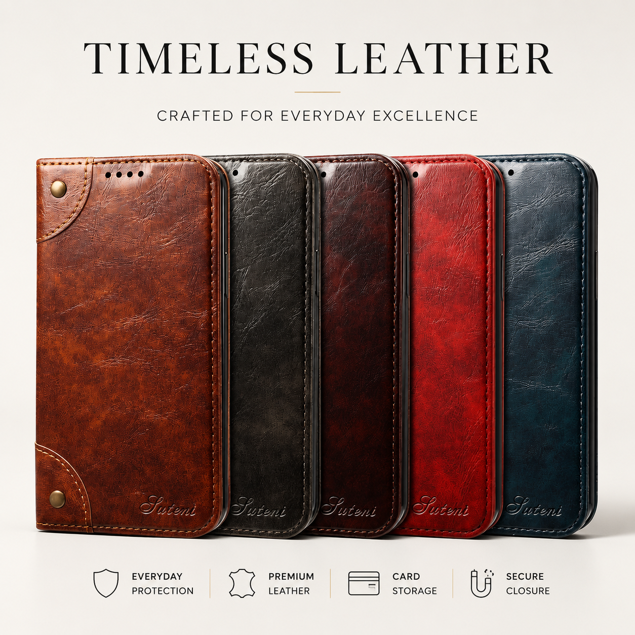 Premium Genuine Leather iPhone Case Wallet Flip Cover Card Holder Magnetic Closure Stand Function Shockproof Protective Full Coverage Design
