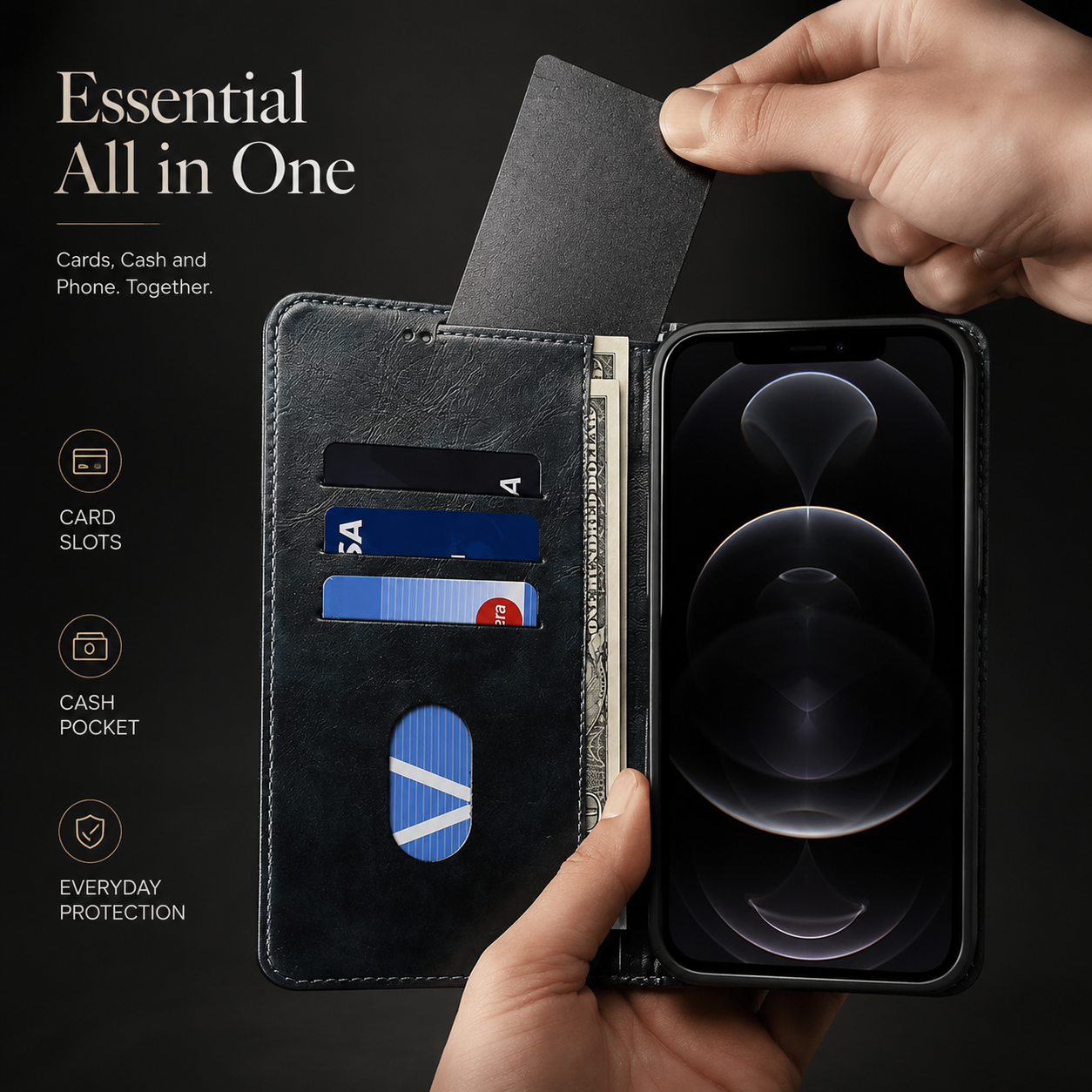 Premium Genuine Leather iPhone Case Wallet Flip Cover Card Holder Magnetic Closure Stand Function Shockproof Protective Full Coverage Design