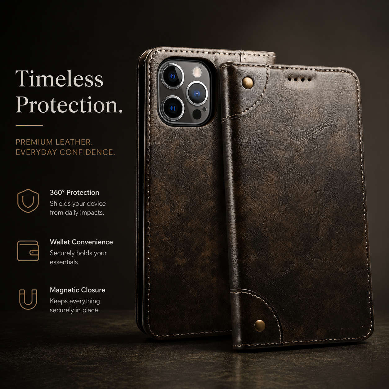 Premium Genuine Leather iPhone Case Wallet Flip Cover Card Holder Magnetic Closure Stand Function Shockproof Protective Full Coverage Design