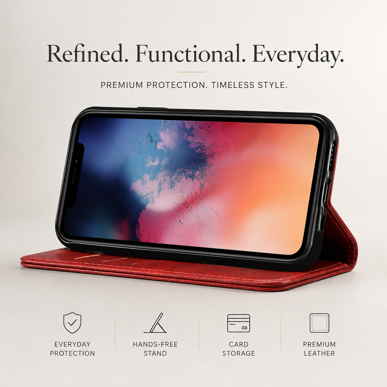 Premium Genuine Leather iPhone Case Wallet Flip Cover Card Holder Magnetic Closure Stand Function Shockproof Protective Full Coverage Design