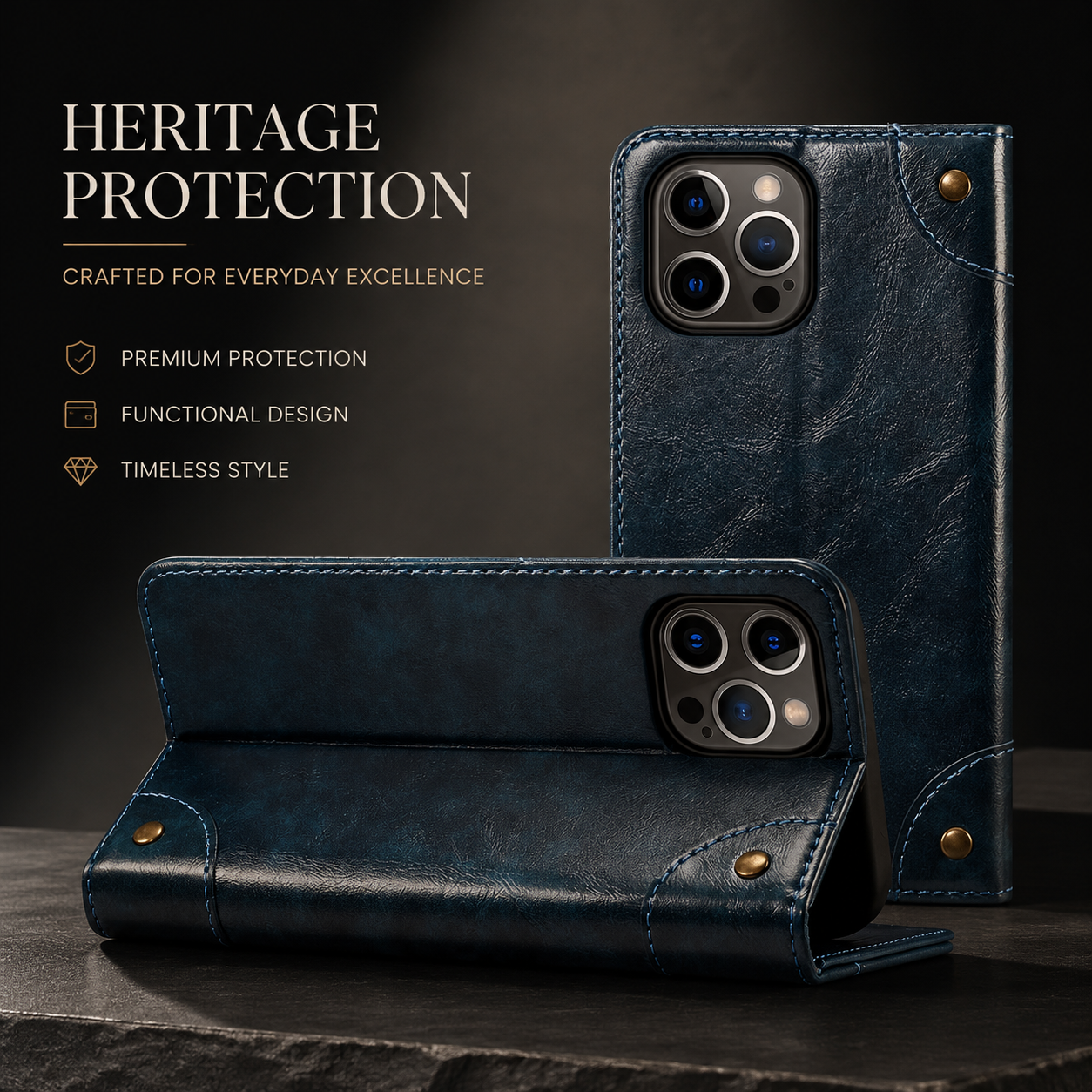 Premium Genuine Leather iPhone Case Wallet Flip Cover Card Holder Magnetic Closure Stand Function Shockproof Protective Full Coverage Design
