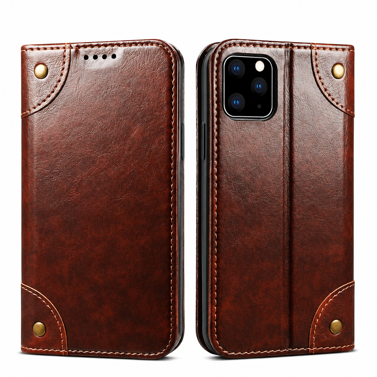 Premium Genuine Leather iPhone Case Wallet Flip Cover Card Holder Magnetic Closure Stand Function Shockproof Protective Full Coverage Design