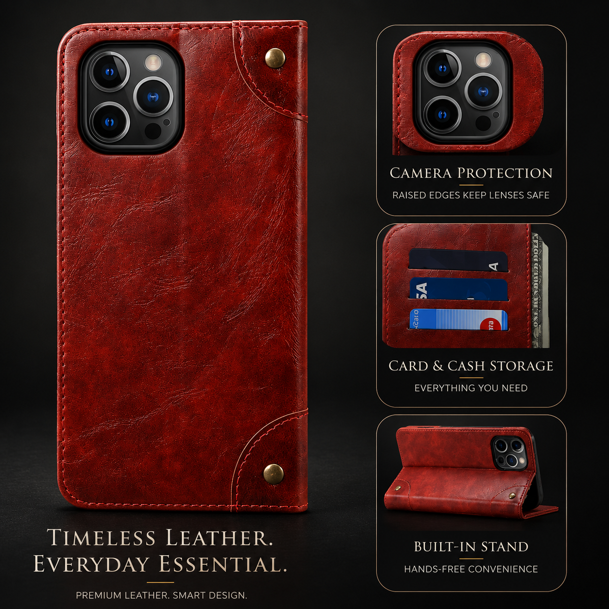 Premium Genuine Leather iPhone Case Wallet Flip Cover Card Holder Magnetic Closure Stand Function Shockproof Protective Full Coverage Design