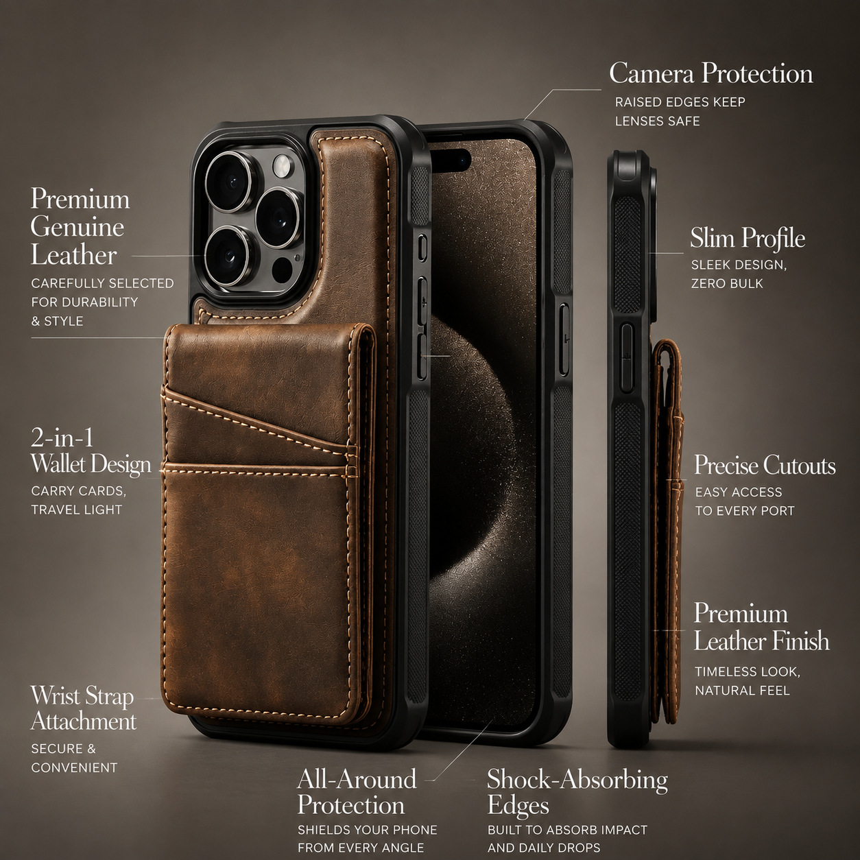 Premium Luxury iPhone Case 2-in-1 Detachable Magnetic Wallet Cover PU Leather Card Holder Cash Pocket Wrist Strap Shockproof Full Protection Slim Design Finish