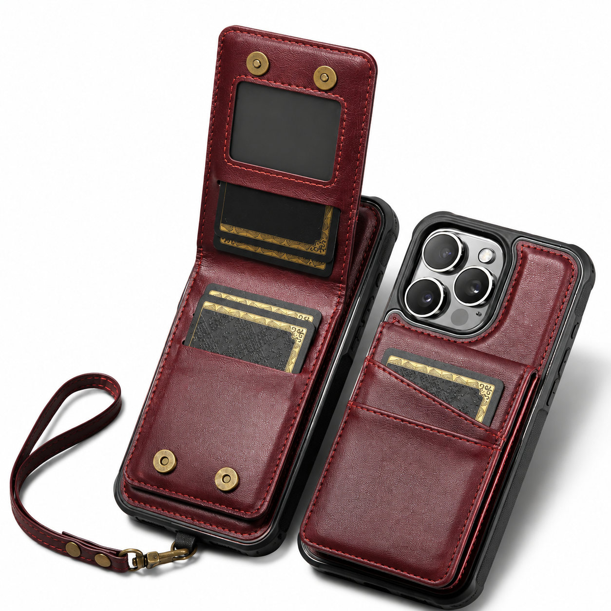 Premium Luxury iPhone Case 2-in-1 Detachable Magnetic Wallet Cover PU Leather Card Holder Cash Pocket Wrist Strap Shockproof Full Protection Slim Design Finish