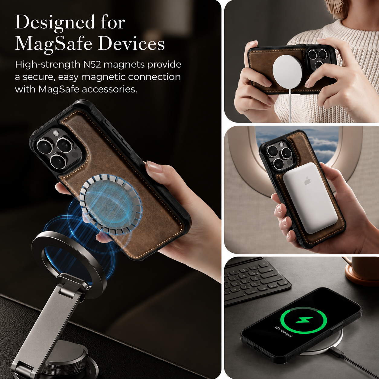 Premium Luxury iPhone Case 2-in-1 Detachable Magnetic Wallet Cover PU Leather Card Holder Cash Pocket Wrist Strap Shockproof Full Protection Slim Design Finish