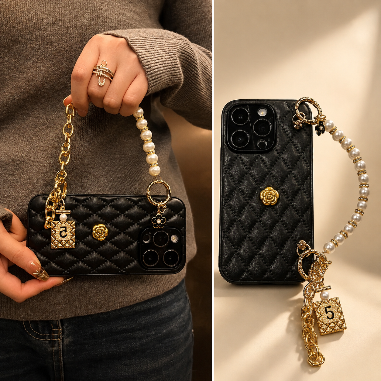 Premium Luxury iPhone Case 3D Camellia Floral Cover Chain Strap Shockproof Protective Design Slim Lightweight Elegant Finish Style Fashion Collection