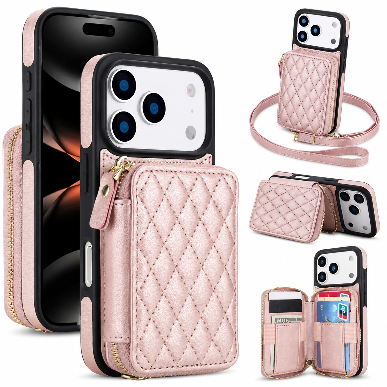 Premium Luxury iPhone Case Crossbody RFID Blocking Folio Wallet Cover Zipper Handbag Card Holder Kickstand Wrist Strap Lanyard Protective Design