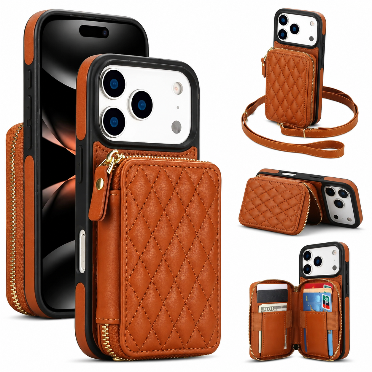 Premium Luxury iPhone Case Crossbody RFID Blocking Folio Wallet Cover Zipper Handbag Card Holder Kickstand Wrist Strap Lanyard Protective Design