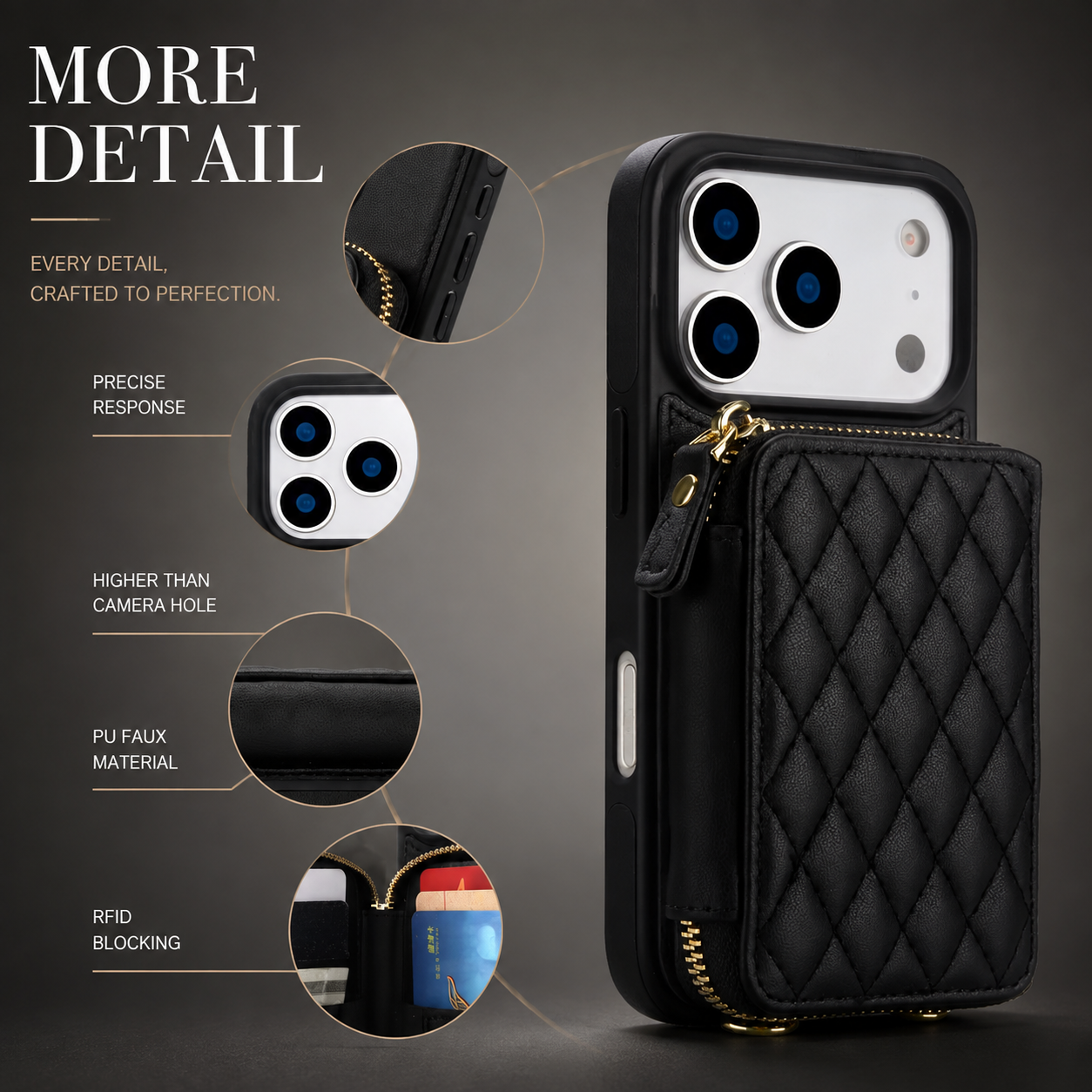 Premium Luxury iPhone Case Crossbody RFID Blocking Folio Wallet Cover Zipper Handbag Card Holder Kickstand Wrist Strap Lanyard Protective Design