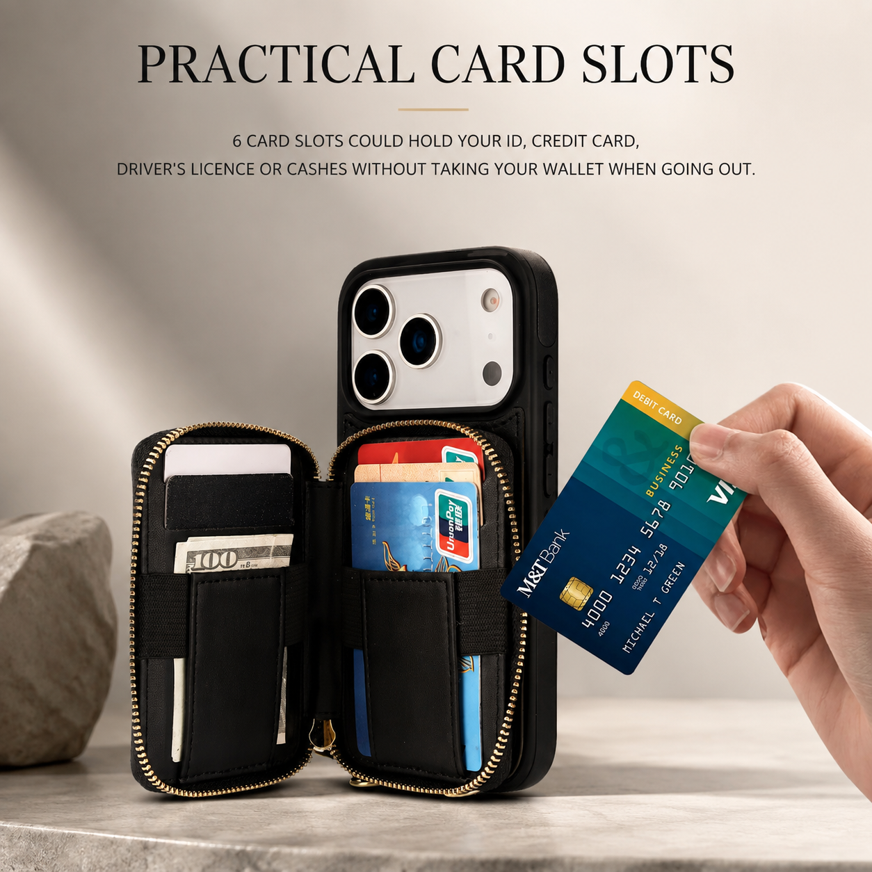 Premium Luxury iPhone Case Crossbody RFID Blocking Folio Wallet Cover Zipper Handbag Card Holder Kickstand Wrist Strap Lanyard Protective Design