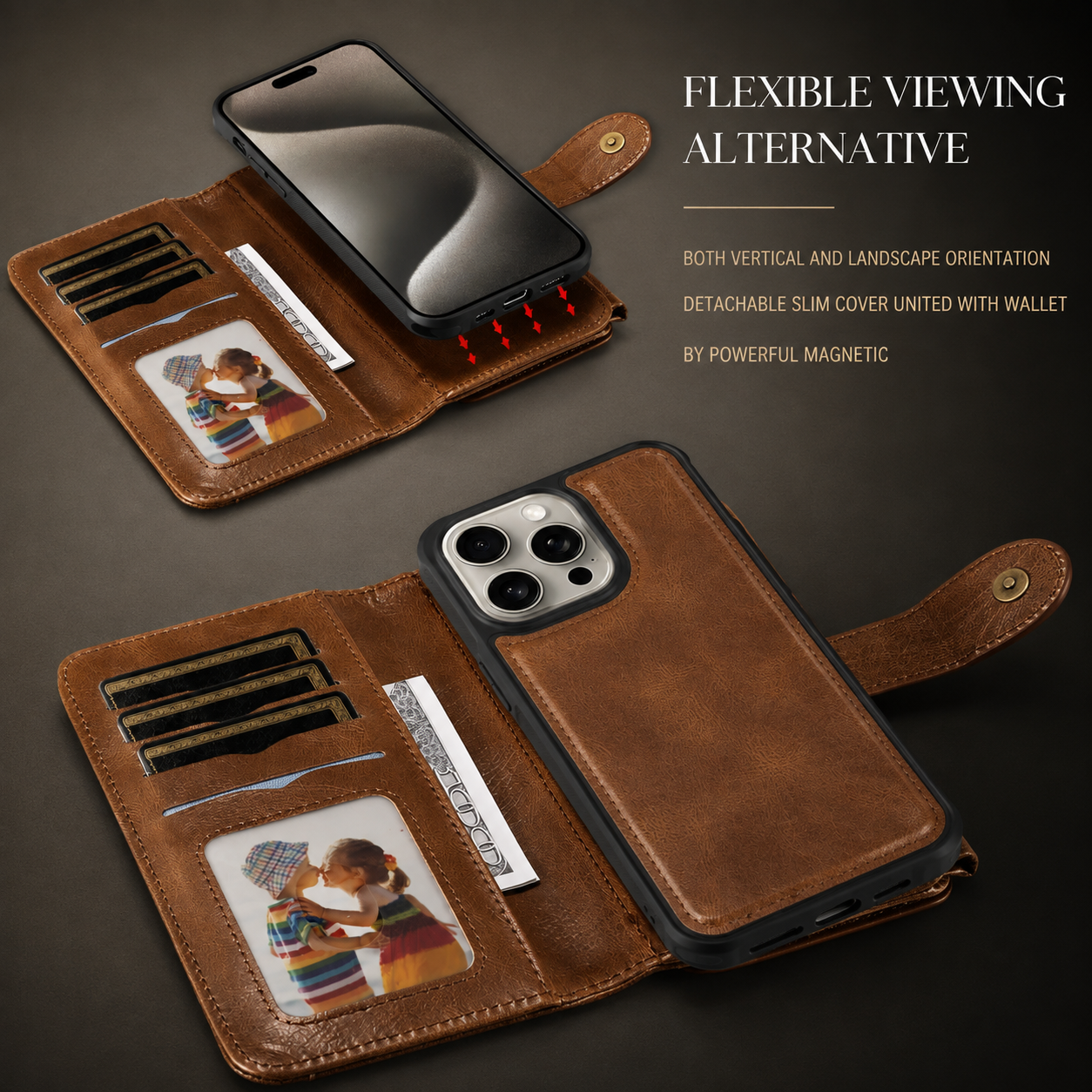 Premium Luxury iPhone Case Detachable Retro PU Leather Wallet Cover Card Holder Zipper Shockproof Anti Fingerprint Dustproof Protective Design