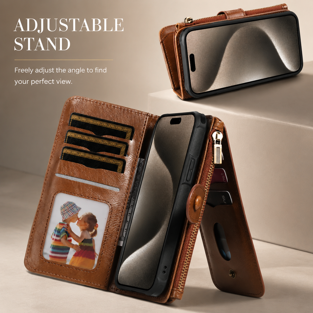 Premium Luxury iPhone Case Detachable Retro PU Leather Wallet Cover Card Holder Zipper Shockproof Anti Fingerprint Dustproof Protective Design
