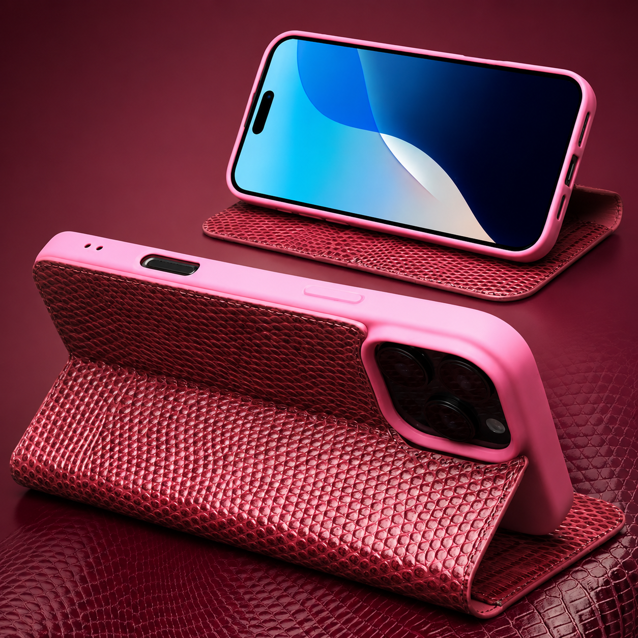 Premium Luxury iPhone Case Genuine Cowhide Leather Flip Cover Crocodile Grain Wallet Card Holder Magnetic Closure Shockproof Full Body Protection Slim Design Finish