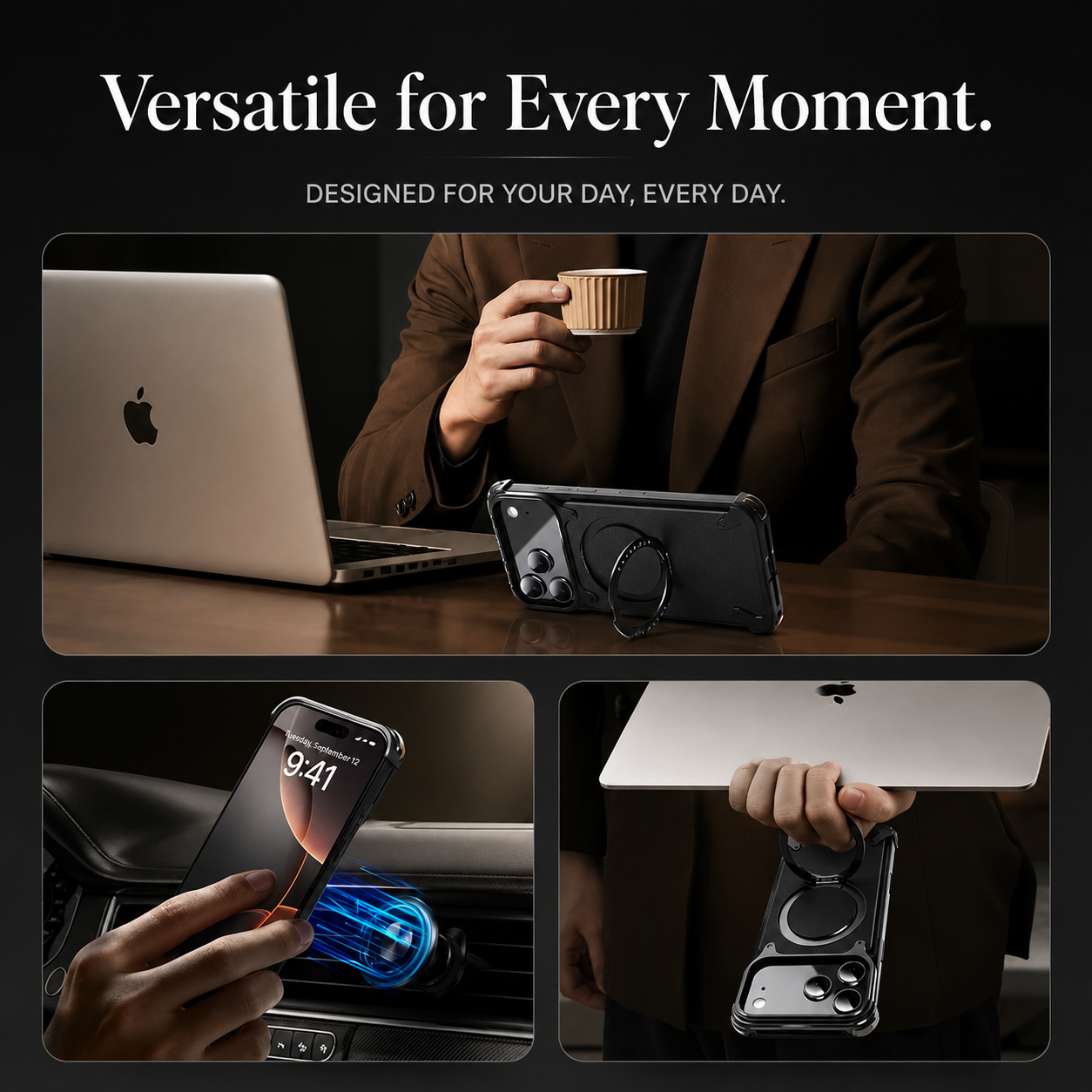 Premium Luxury iPhone Case Genuine Leather MagSafe Compatible Magnetic Cover Rotating Ring Stand Shockproof Frameless Slim Design Finish