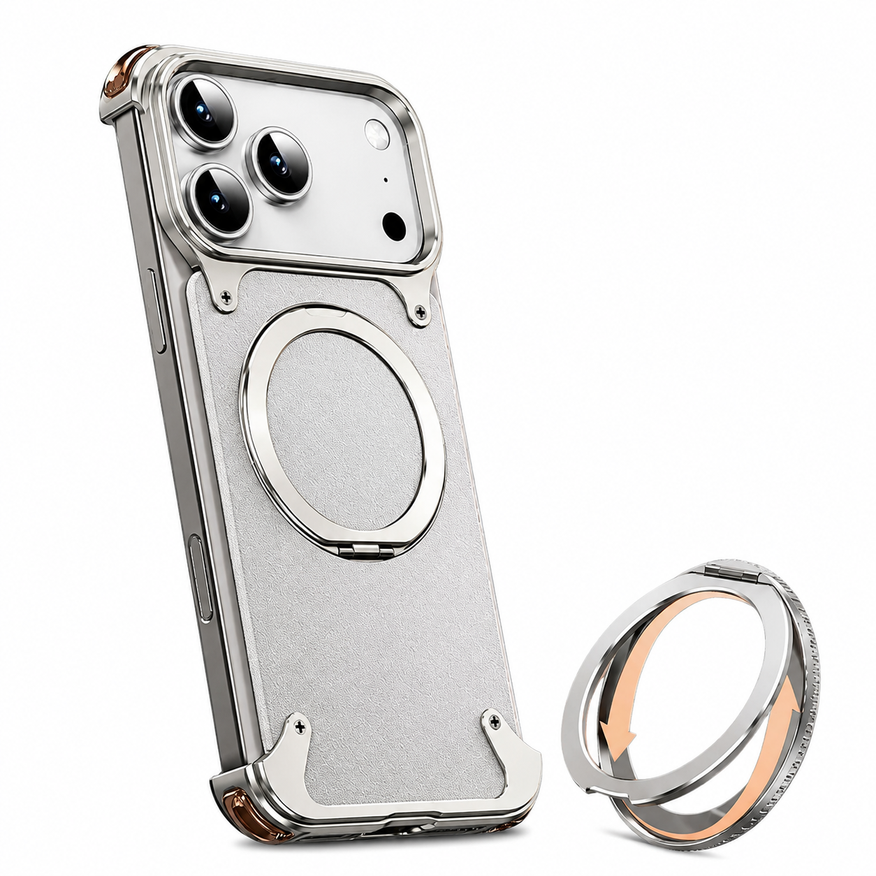 Premium Luxury iPhone Case Genuine Leather MagSafe Compatible Magnetic Cover Rotating Ring Stand Shockproof Frameless Slim Design Finish