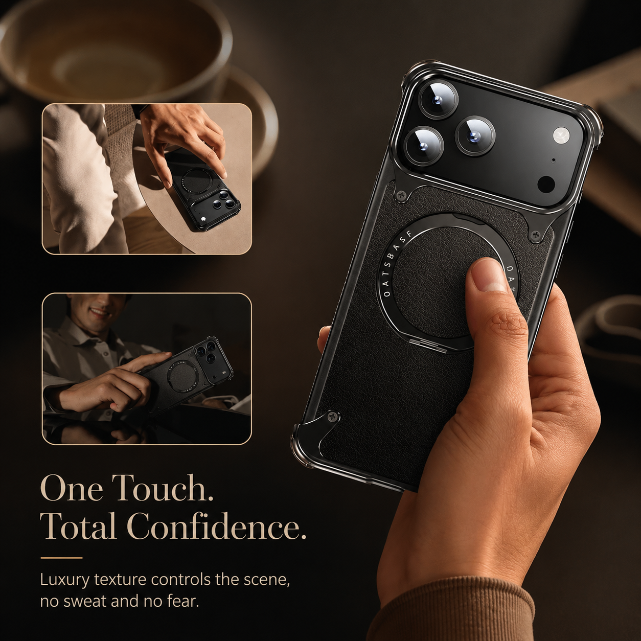 Premium Luxury iPhone Case Genuine Leather MagSafe Compatible Magnetic Cover Rotating Ring Stand Shockproof Frameless Slim Design Finish