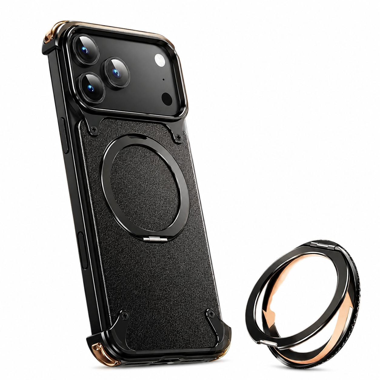 Premium Luxury iPhone Case Genuine Leather MagSafe Compatible Magnetic Cover Rotating Ring Stand Shockproof Frameless Slim Design Finish
