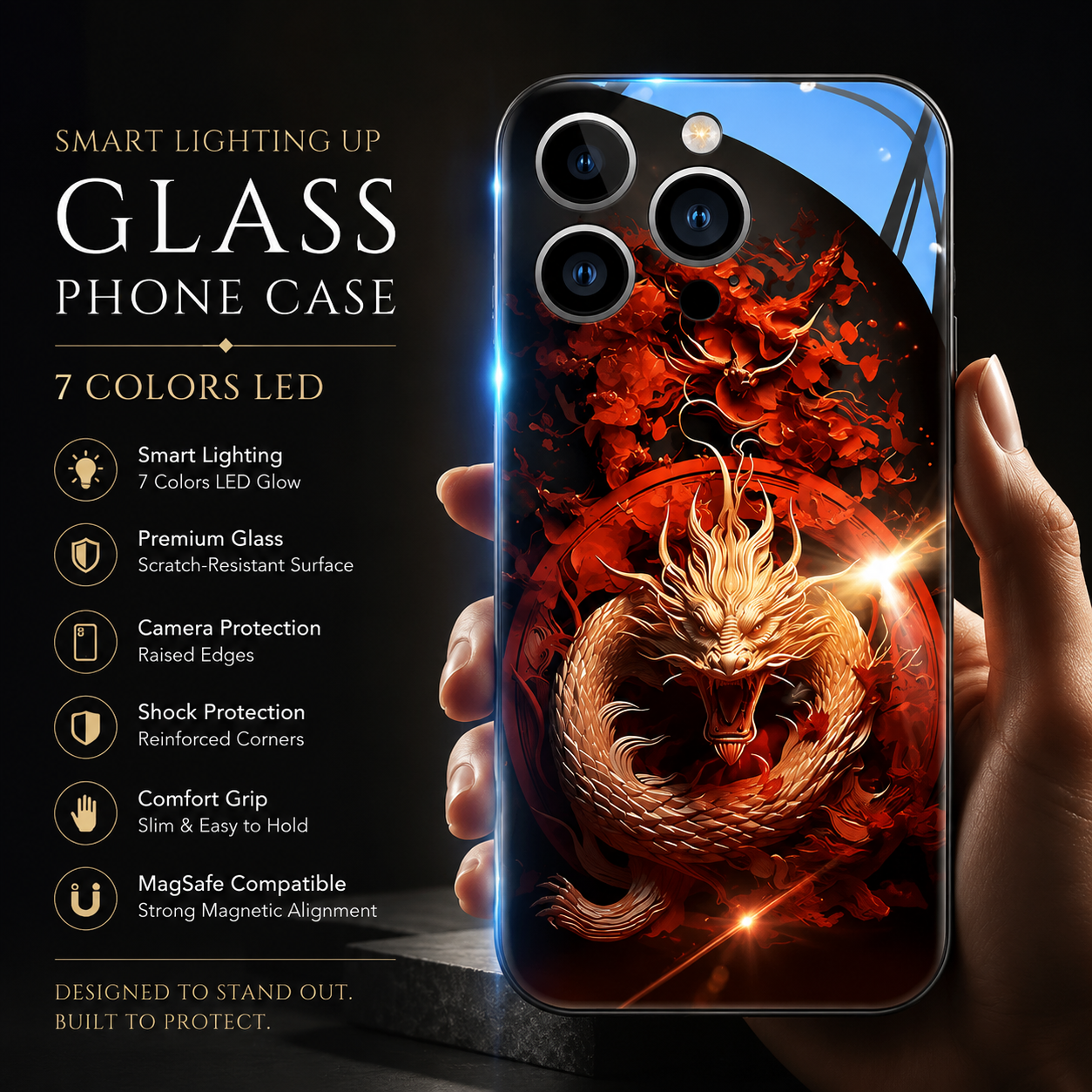 Premium Luxury iPhone Case LED Luminous Cover Golden Dragon Design Sound Reactive Tempered Glass Back Shockproof TPU Frame Ultra Thin Protection