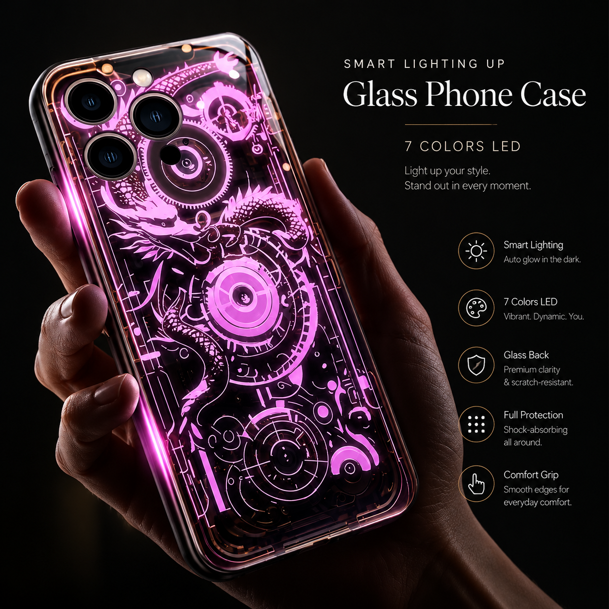 Premium Luxury iPhone Case LED Luminous Cover Golden Dragon Design Sound Reactive Tempered Glass Back Shockproof TPU Frame Ultra Thin Protection