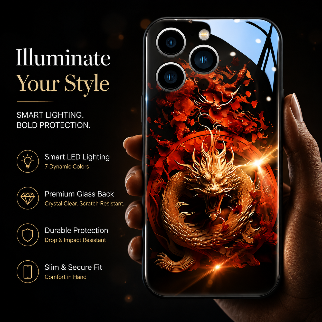 Premium Luxury iPhone Case LED Luminous Cover Golden Dragon Design Sound Reactive Tempered Glass Back Shockproof TPU Frame Ultra Thin Protection