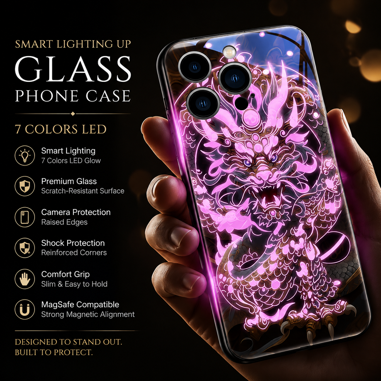 Premium Luxury iPhone Case LED Luminous Cover Golden Dragon Design Sound Reactive Tempered Glass Back Shockproof TPU Frame Ultra Thin Protection